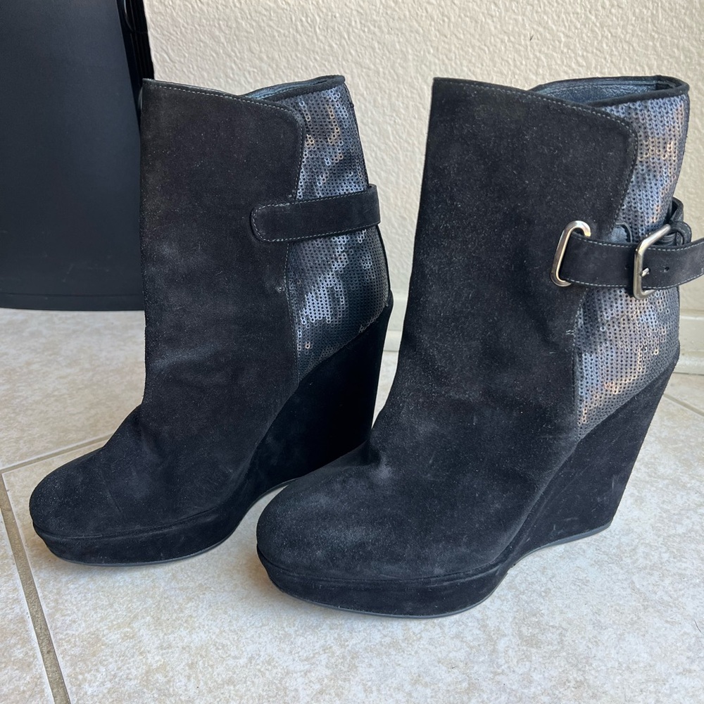 Stuart Weitzman Black and Silver Wedge Boots
